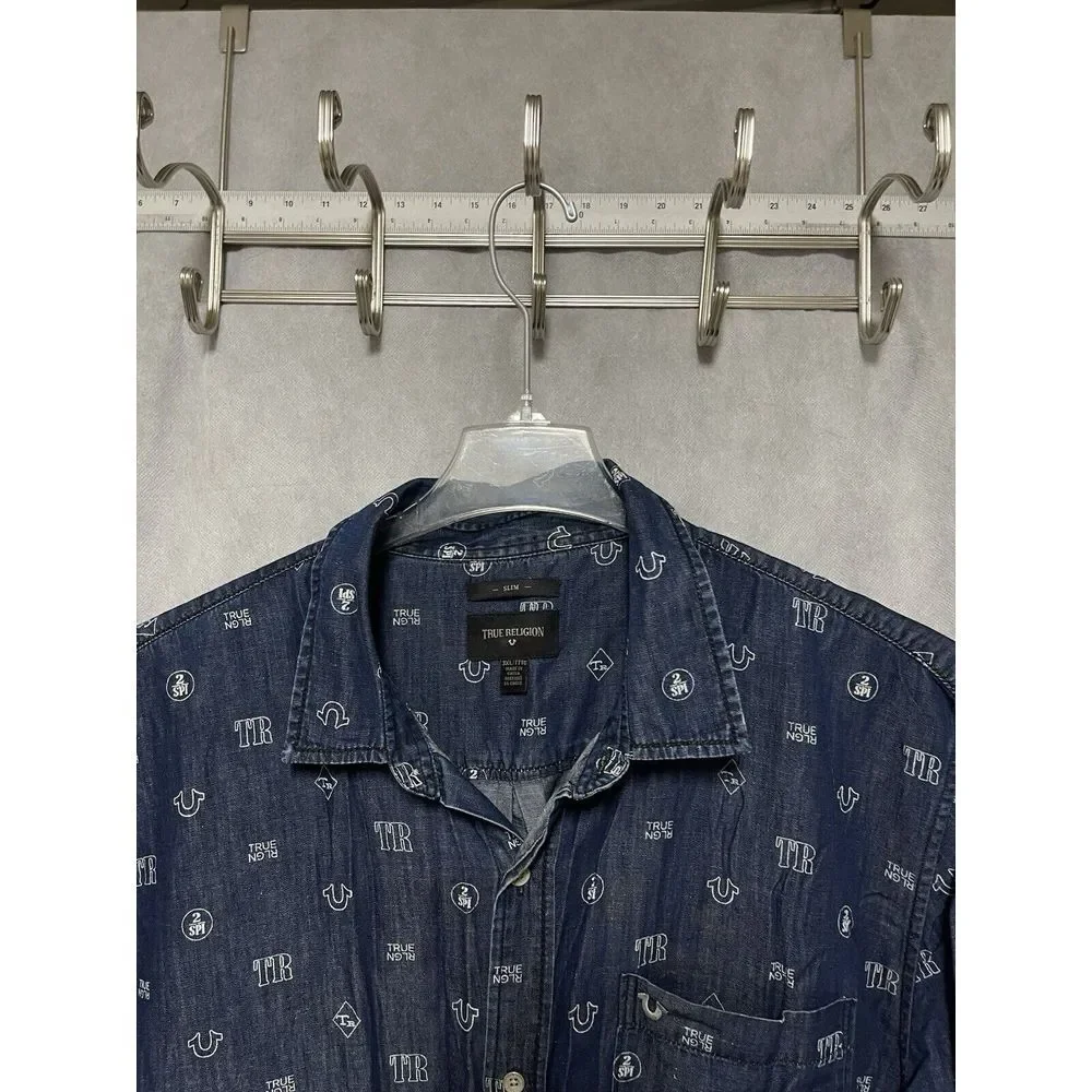 True Religion Shirt Men 3XL Slim Linen Blend Chambray AOP Logo Button Up‎ Mono